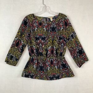 Banana Republic Women’s XS Peplum Blouse 3/4 Sleeve Black Floral‎ Graphic Print